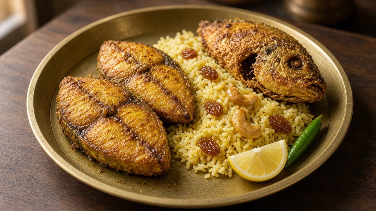 Brass thali with golden fried fish steaks, a fried fish head, basanti pulao with raisins and cashews, lemon, and green chili